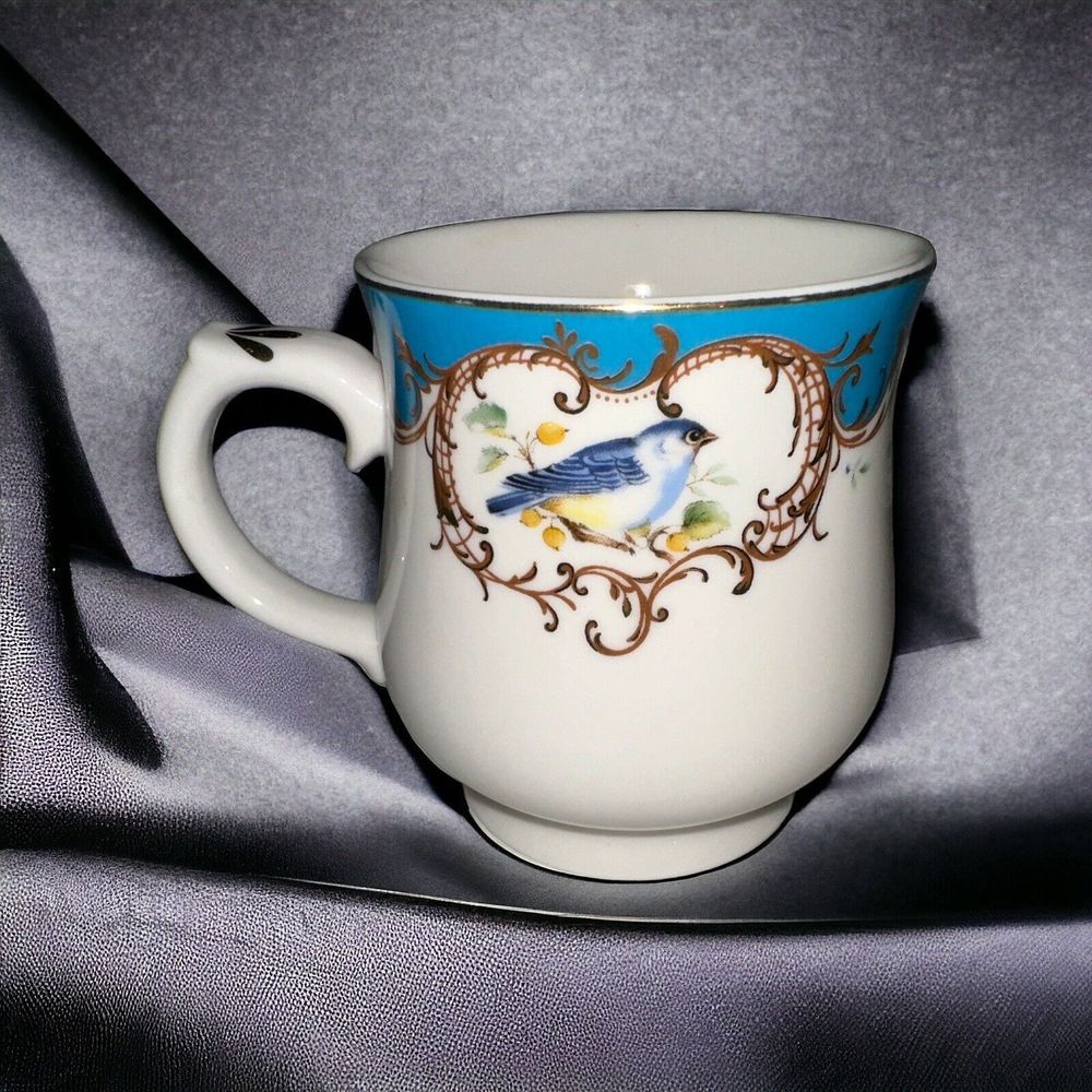 HTF Gracie Bone China BIRD Vintage Style Gold Trim Footed Mug 4.25"